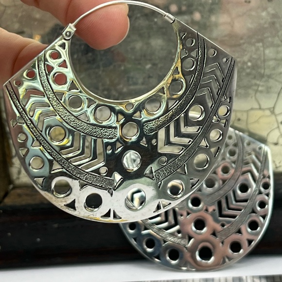 Silver Plated Huge Tribal Hoop Earrings - Picture 2 of 4